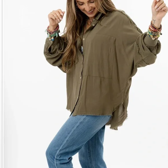 Three Bird Nest Olive Button Down Shirt - Picture 6 of 9